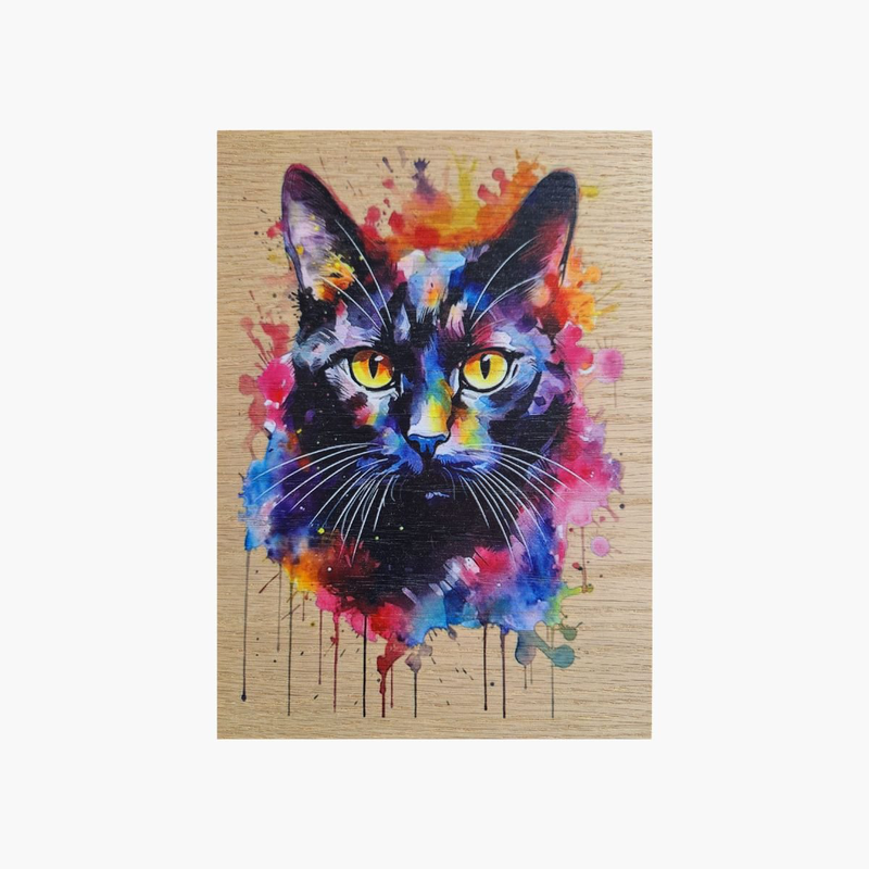 Black cat splash art print on wood, , medium-null