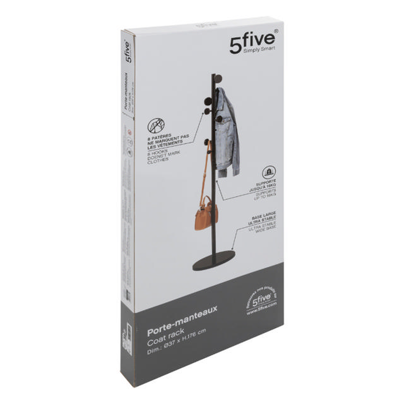 Five coat rack with 8 wooden hooks - black, , medium-null