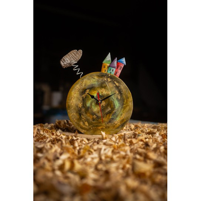 Round wooden clock ochre, , medium