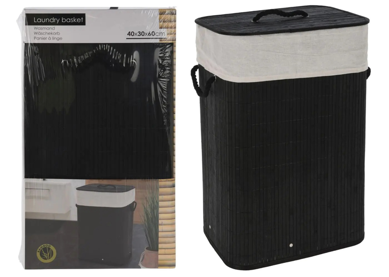 Laundry basket bamboo foldable black 40x30x60cm, , medium image number null