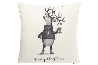Cushion deer with scarf (45x45x13cm) velvet white/black cotton/linen/polyester, White, medium