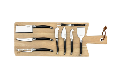 Laguiole 8pc cheese knifes set black with oak cutting board 50cm, , medium