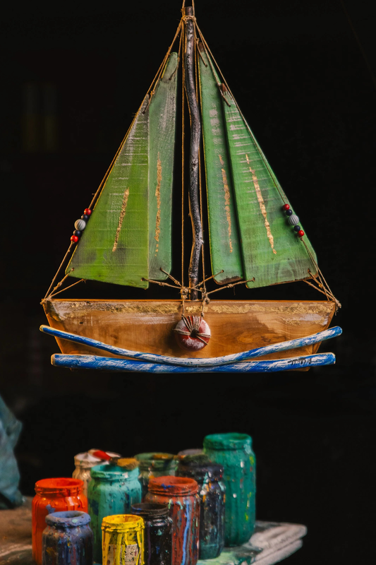 Olive wooden boat with 4 sails green colour-null