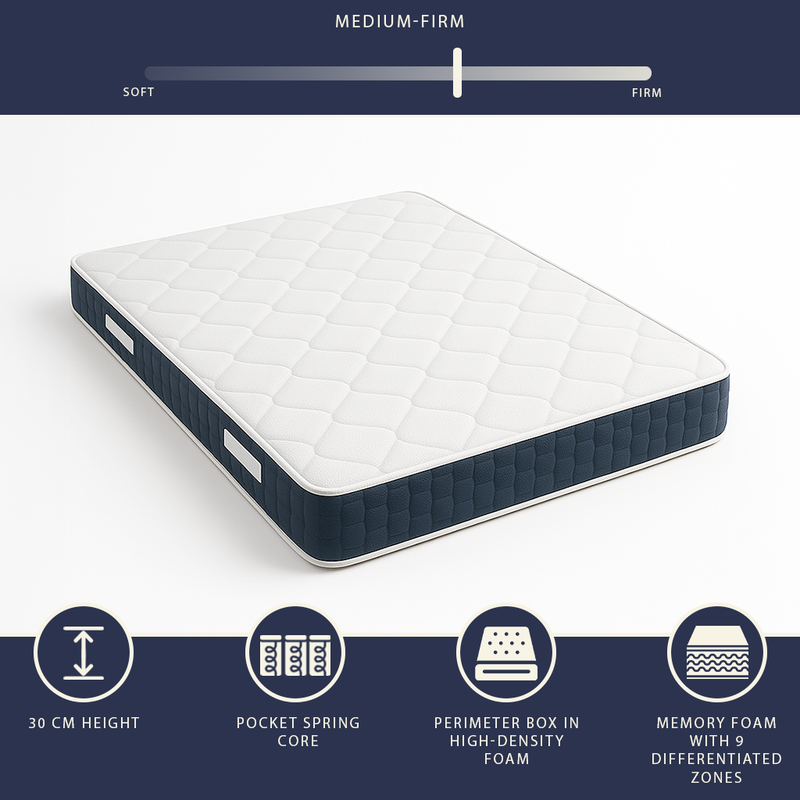 French double mattress 140 x 190 pocket springs and memory foam | height 30 cm | hypoallergenic and breathable | class 1 medical device | made in italy-null