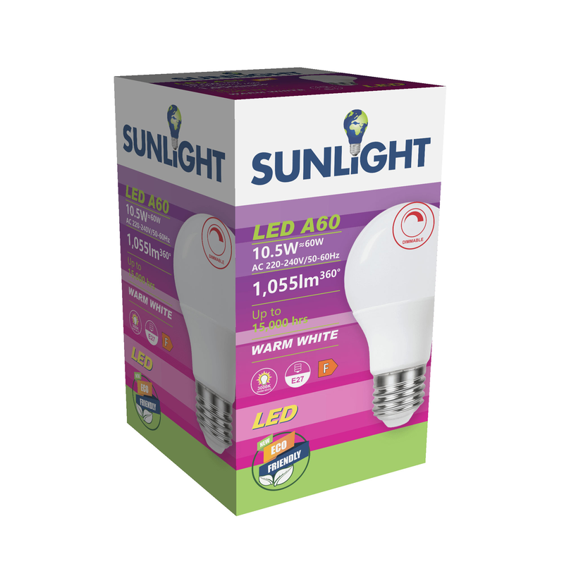 Sunlight led 10.5w a60 lamp e27 810lm 3000k frosted dimmable, , medium-null