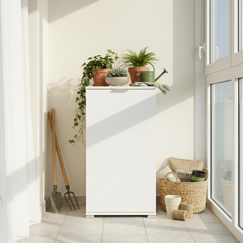 Compact white cabinet 45&times;85&times;38 cm with adjustable shelf, pre-assembled for bathroom, laundry room or entryway., , medium-null