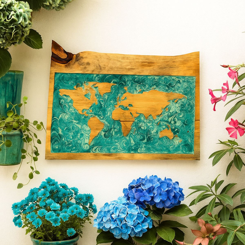 Turquoise resin world map wall art, , medium-null