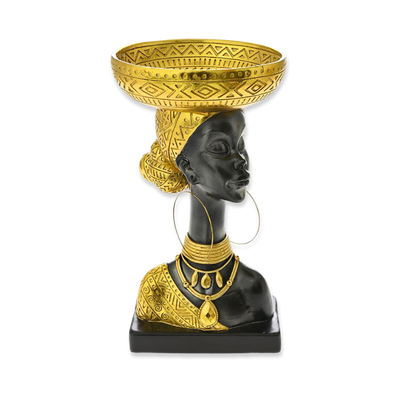 Resin bust of african woman balancing a gold bowl 20cm on her head 20x20x35 cm