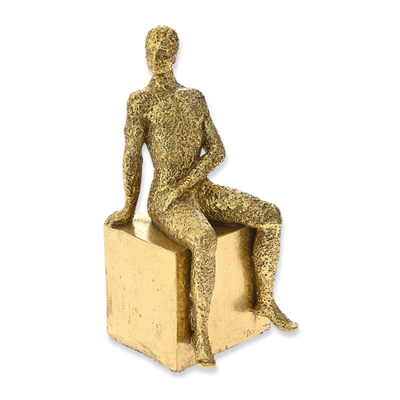 Gold polyresin sitting man statue 11x12x25 cm