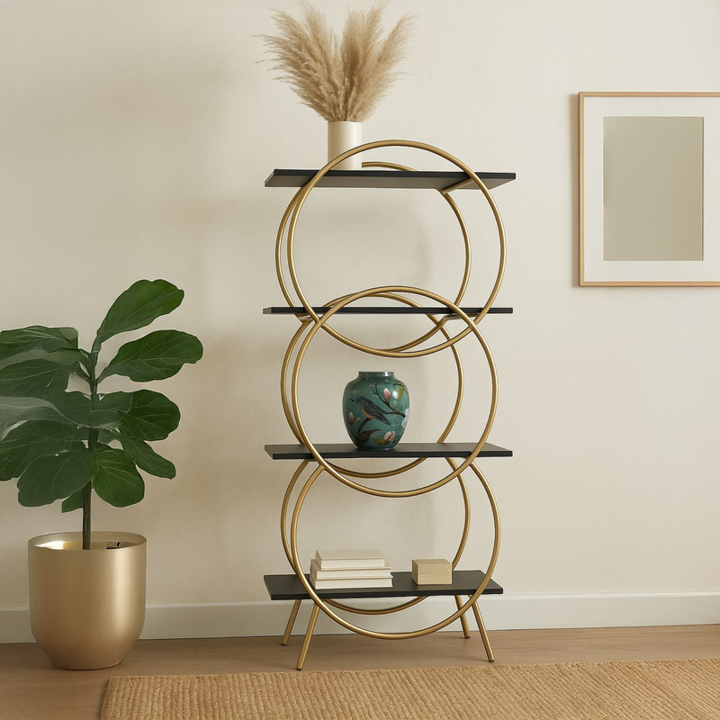 Gold metal and black wood shelf, , medium-null