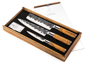 Forged olive wood 3pc knives set 440c japanese steel (chef's, 
vegetable, universal knife), , medium