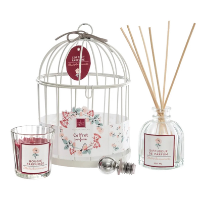 Liquid room aroma set with sticks and candle in white cage, White, medium