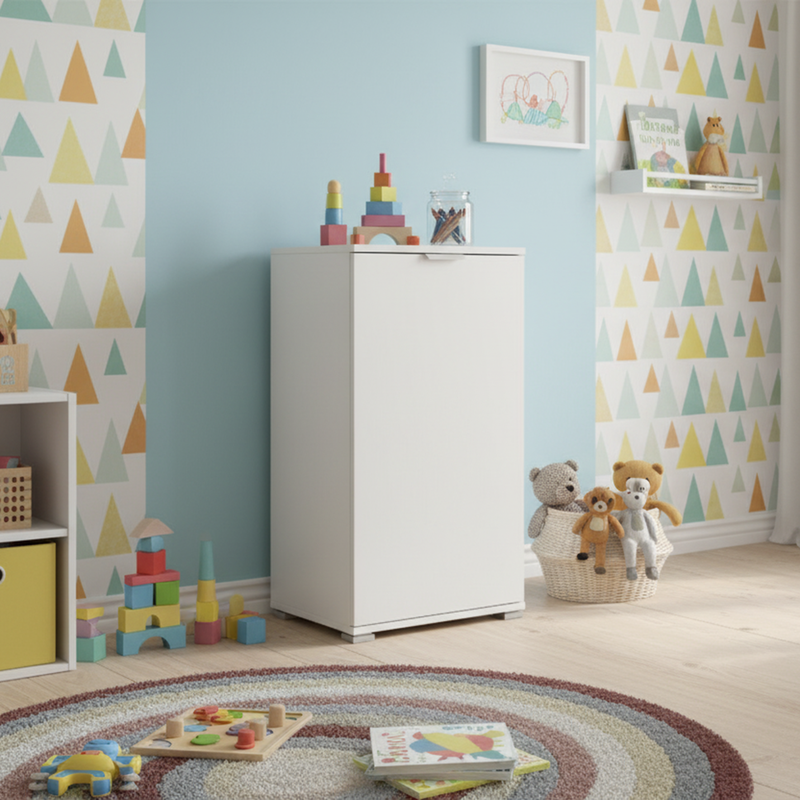 Compact white cabinet 45&times;85&times;38 cm with adjustable shelf, pre-assembled for bathroom, laundry room or entryway., , medium-null