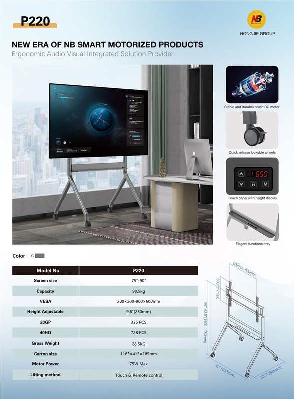 Nbmounts p220 motorized TV trolley up to 90'' 1.75m 90kg with wireless remote & touchpad, , medium-null