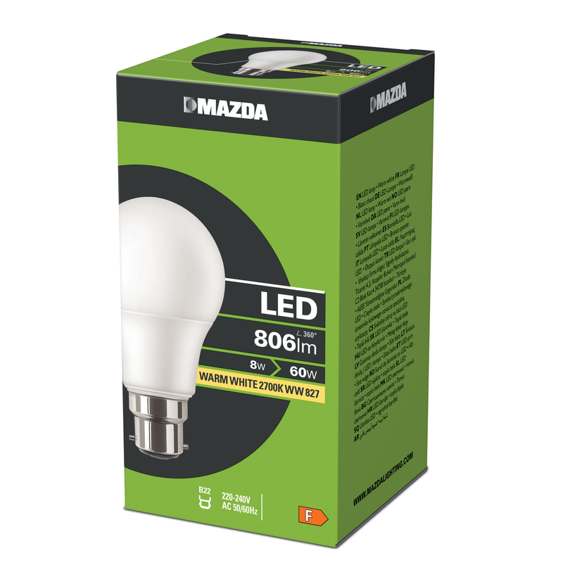 Mazda led lamp 60w a60 b22 warm white 2700k 827, , medium-null