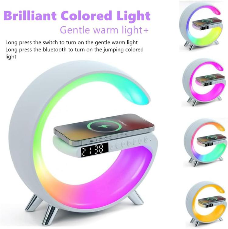 Product image: Πολυλειτουργικό φωτιστικό με ασύρματο φορτιστή, λάμπα ατμόσφαιρας, ηχείο bluetooth και ρολόι ξυπνητήρι-null