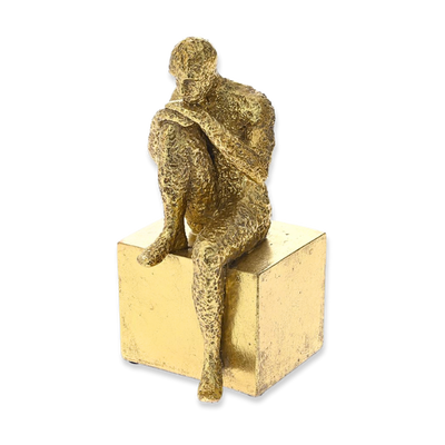 Gold polyresin sitting man statue 10x12x22 cm