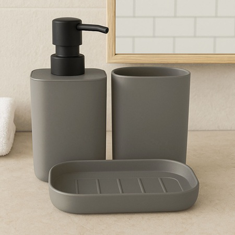 Ankor trendy plastic bathroom accessories 3 pcs set - dispenser 7.3x7.3x17.5cm, tumbler holder 7.3x7.3x11cm, soap dish 15x7.3x1.5cm grey 850068, , medium-null
