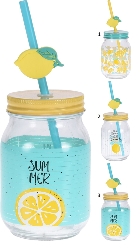 Drinking jar with straw  400ml 3 assorted designs, , medium-null