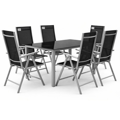 L.h garden set aluminum table 150x90x73cm, 6 chairs grey & black 55x65x43, , medium