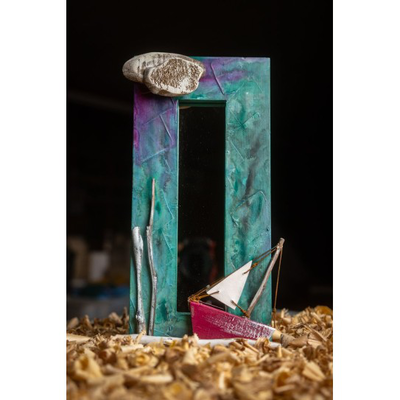 Wooden mirror with boat turquoise