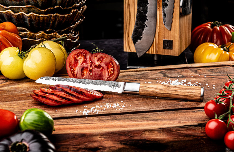 Forged olive utility knife serrated 440c japanese steel, , medium-null