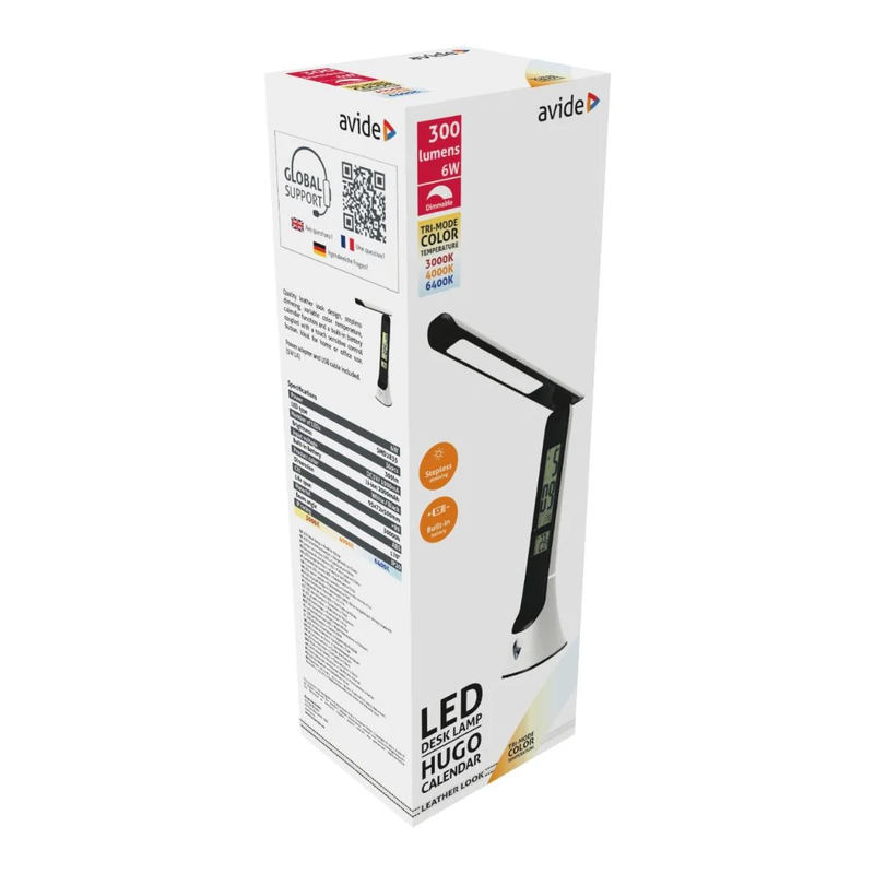 Avide led desk lamp leather hugo white-black 6w with calendar, , medium-null