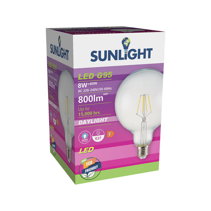 Sunlight 'filament' led 8w g95 lamp e27 800lm 6000k clear, , medium-null