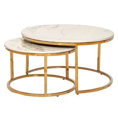 Gold metal round tables 2 pcs set with white top marble effect d80x42,5cm d60x36,5cm, , medium