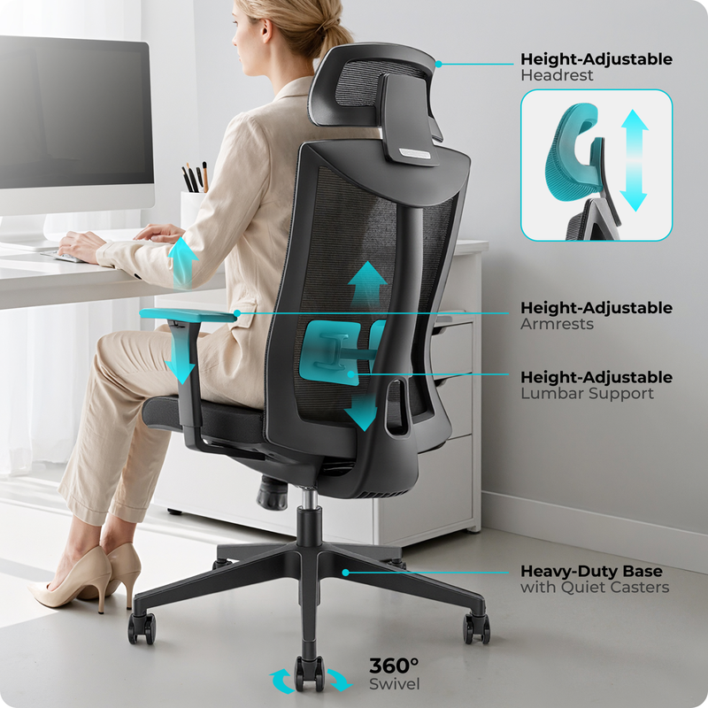 Lumivida office chair ergonomic mesh lumbar support adjustable seat/armrest/headrest black ch05-8-null