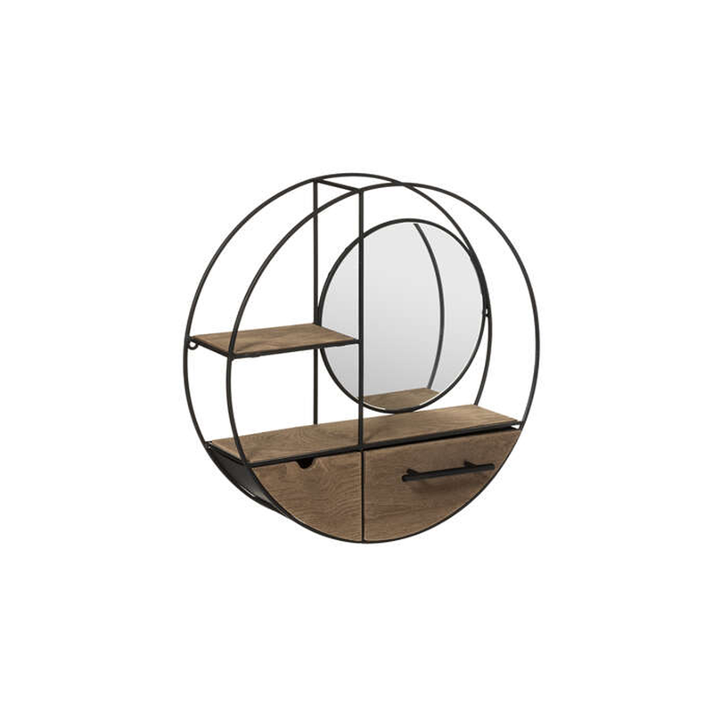 Metal wall shelf with wooden floors and round drawer, , medium image number null