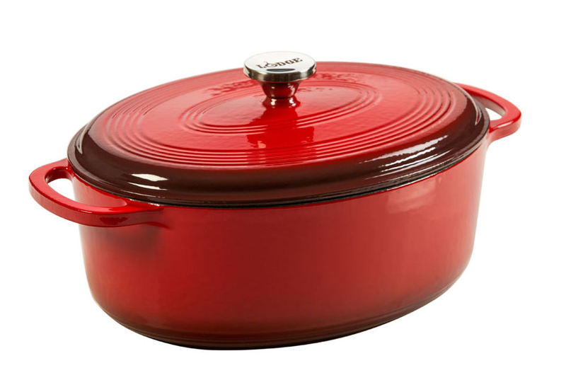 Lodge 6.62 lt oval red enameled cast iron dutch oven with loop handles, , medium-null