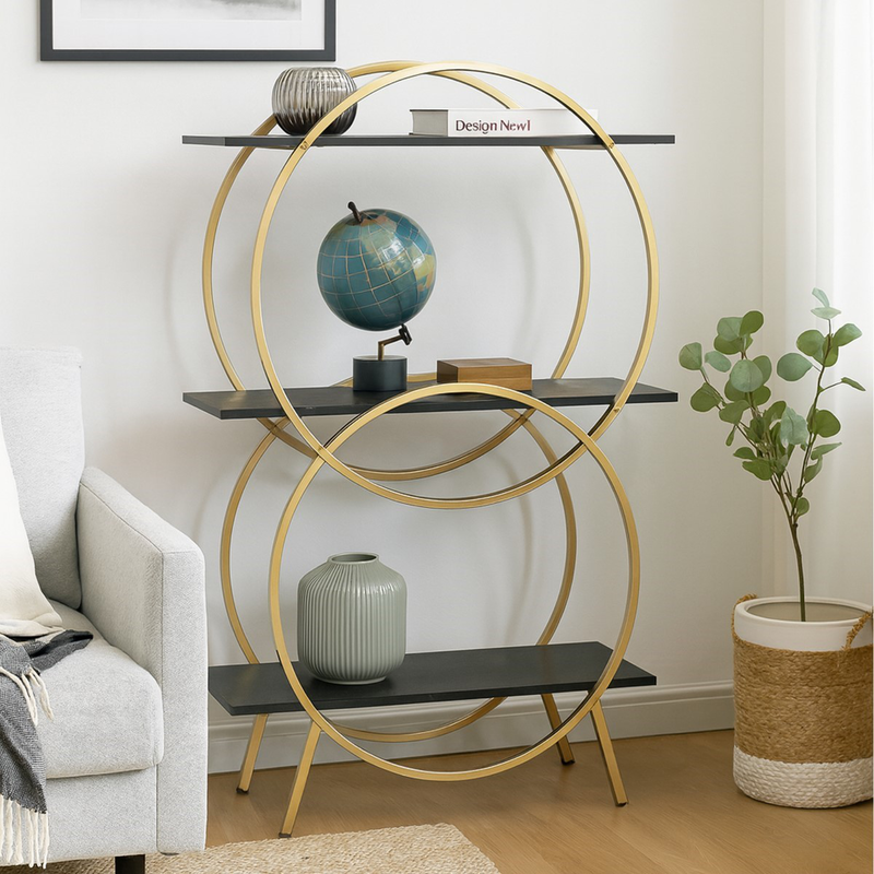 Gold metal and black wood shelf small, , medium-null