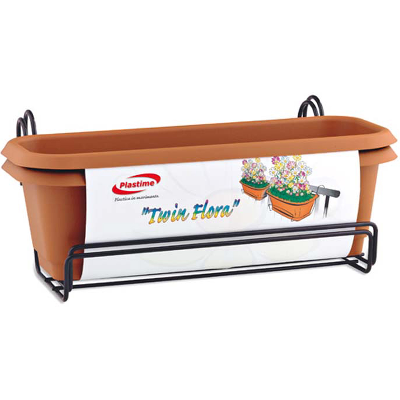 Flower set twin flora 50cm plastic terracota with metal stand black 2 pcs, , medium-null