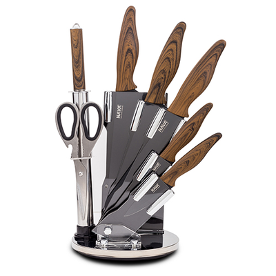 Nava stainless steel knife set of 8pcs with stone coating on acrylic stand, , medium