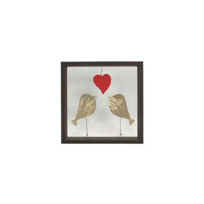Lovebirds with red heart in a frame, brown wood, silver, red, medium