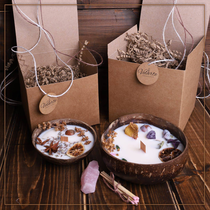 Homemade soy wax candle in coconut bowl + unique crystal - velarte, , medium-null