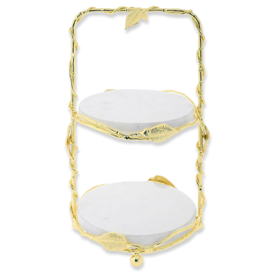 Ai gold metal 2 tier plate with white marble plates 19x34cm, , medium