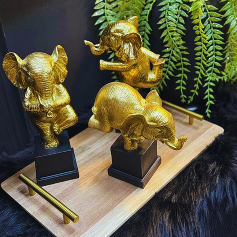 Polyresin gold black elephant 15x11x12cm, , medium-null