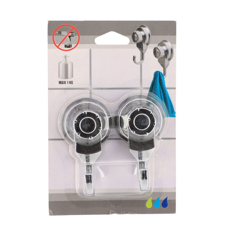 Set 2 abs hooks on suction cups chrome, , medium-null