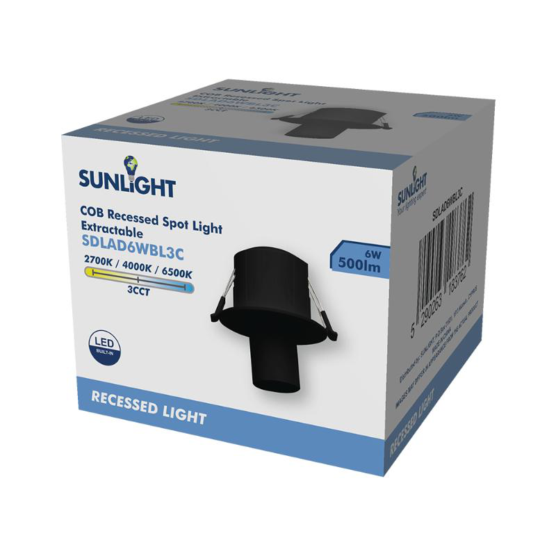 Sunlight led 6w cob recessed spot light extractable black 500lm 3cct 38&deg; ip20 &oslash;90xh110 cutout:&oslash;70mm, , medium-null