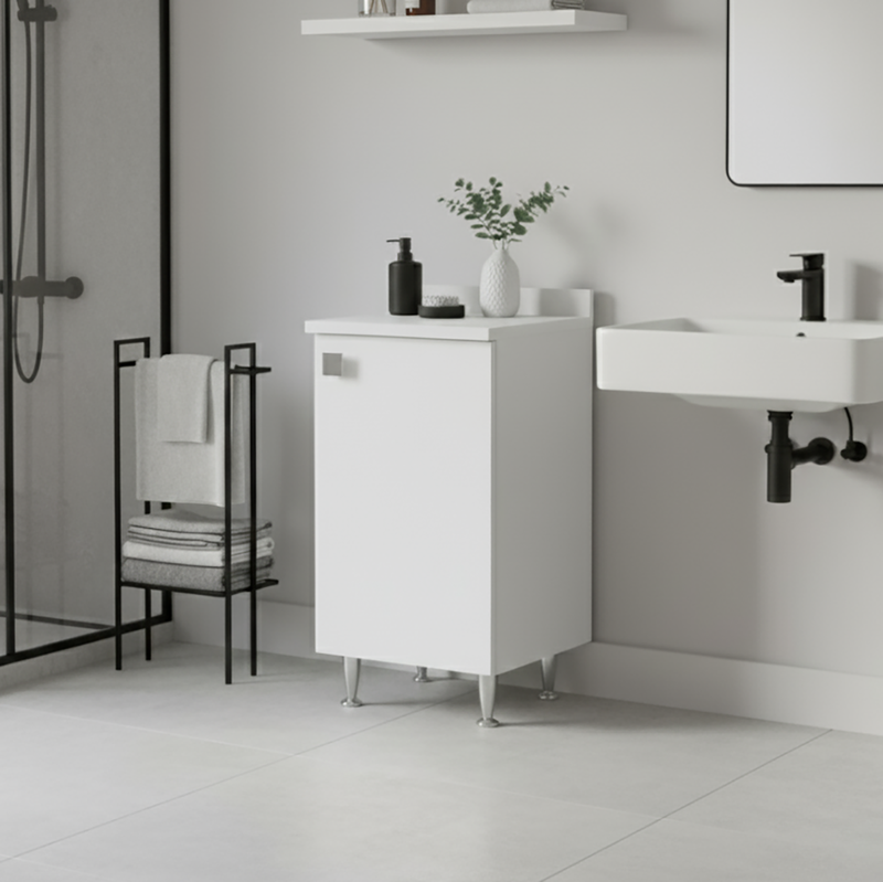 White cabinet with top unit, metal legs and adjustable shelf, pre-assembled for bathroom, laundry room, kitchen and entryway., , medium-null