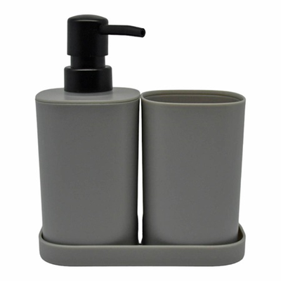 Ankor trendy plastic bathroom accessories 3 pcs set - dispenser 7.3x7.3x17.5cm, tumbler holder 7.3x7.3x11cm, soap dish 15x7.3x1.5cm grey 850068, , medium