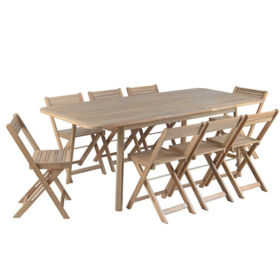 Inventiv wooden table set with 8 folding chairs akakia