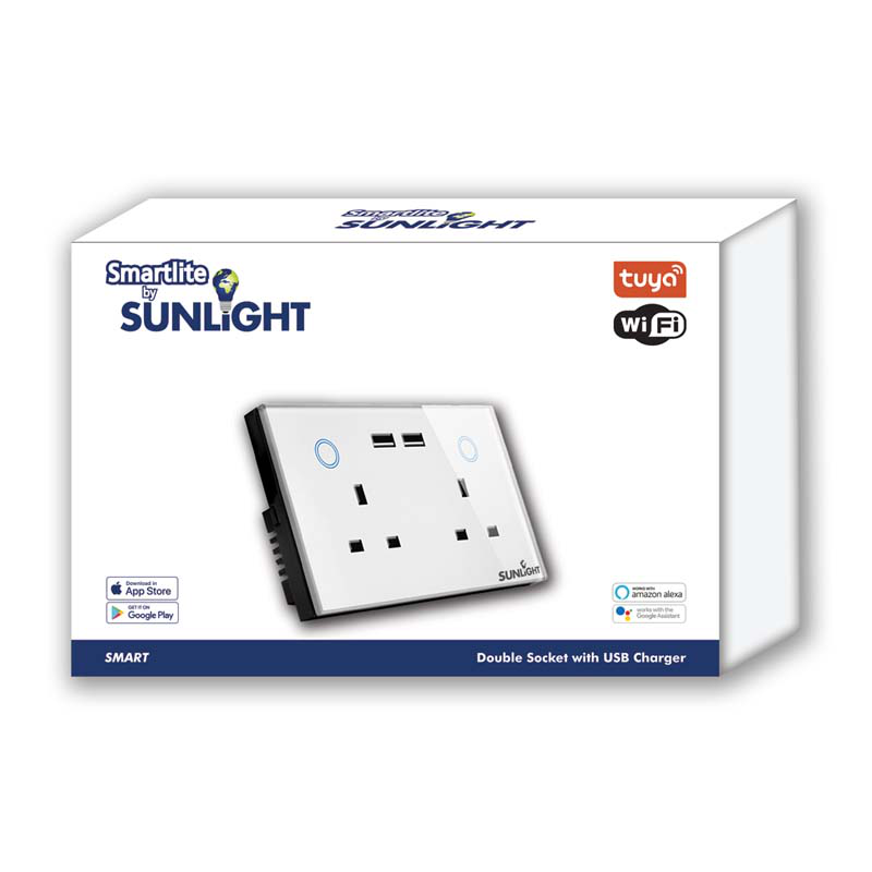 Sunlight εξυπνη διπλη πριζα 2-gang με φορτιστη USB 13amp (4a USB) Wi-Fi tuya app, , medium image number null