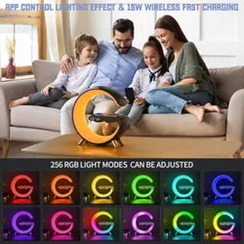 Product image: Πολυλειτουργικό φωτιστικό με ασύρματο φορτιστή, λάμπα ατμόσφαιρας, ηχείο bluetooth και ρολόι ξυπνητήρι-null