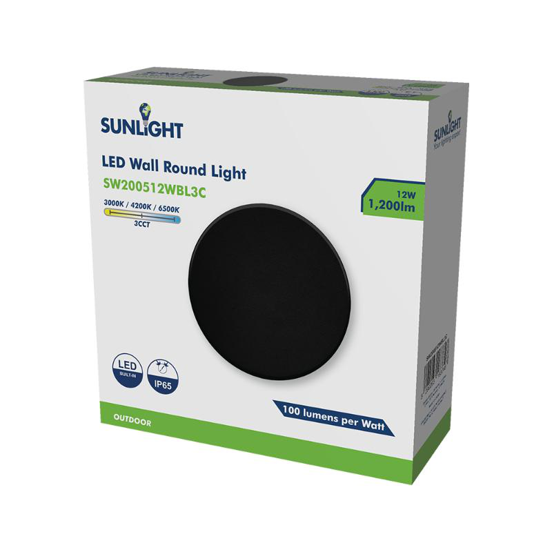 Sunlight led 12w wall round light black 1200lm 3cct ip65 &oslash;180xw47mm, , medium-null