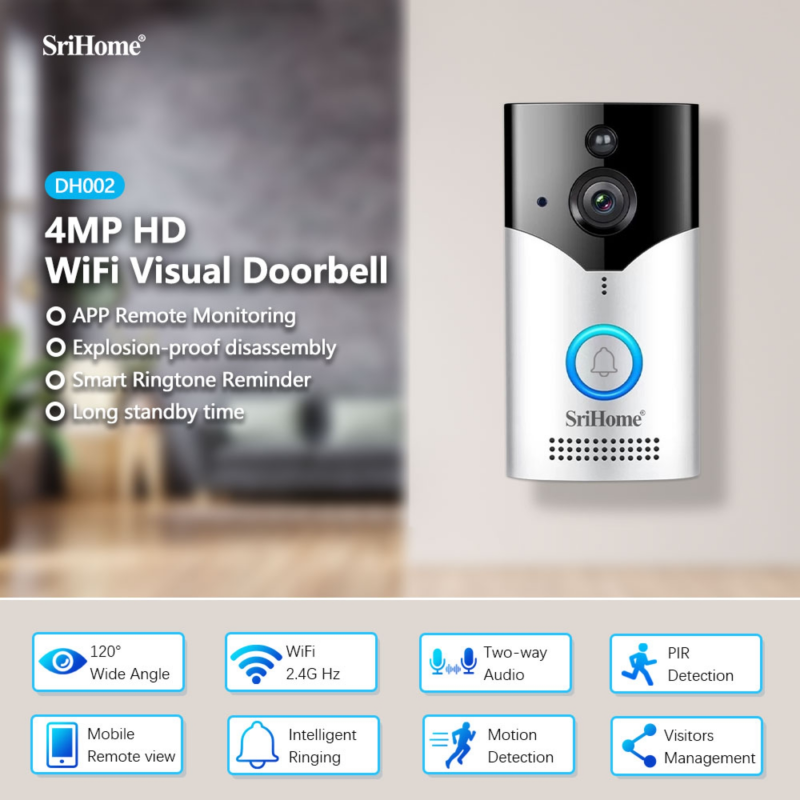 Srihome dh002 Wi-Fi doorbell ασύρματο θύροτηλέφωνο με κάμερα και κουδουνίστρα, , medium image number null