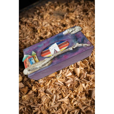 Wooden tissue box purple, , medium