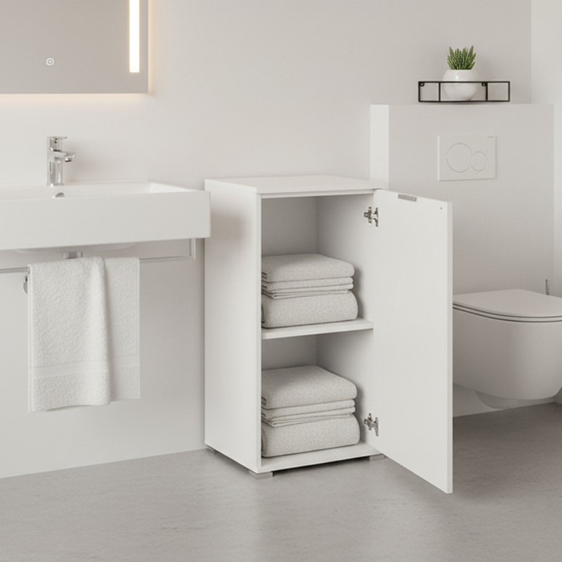 Compact white cabinet 45&times;85&times;38 cm with adjustable shelf, pre-assembled for bathroom, laundry room or entryway., , medium-null